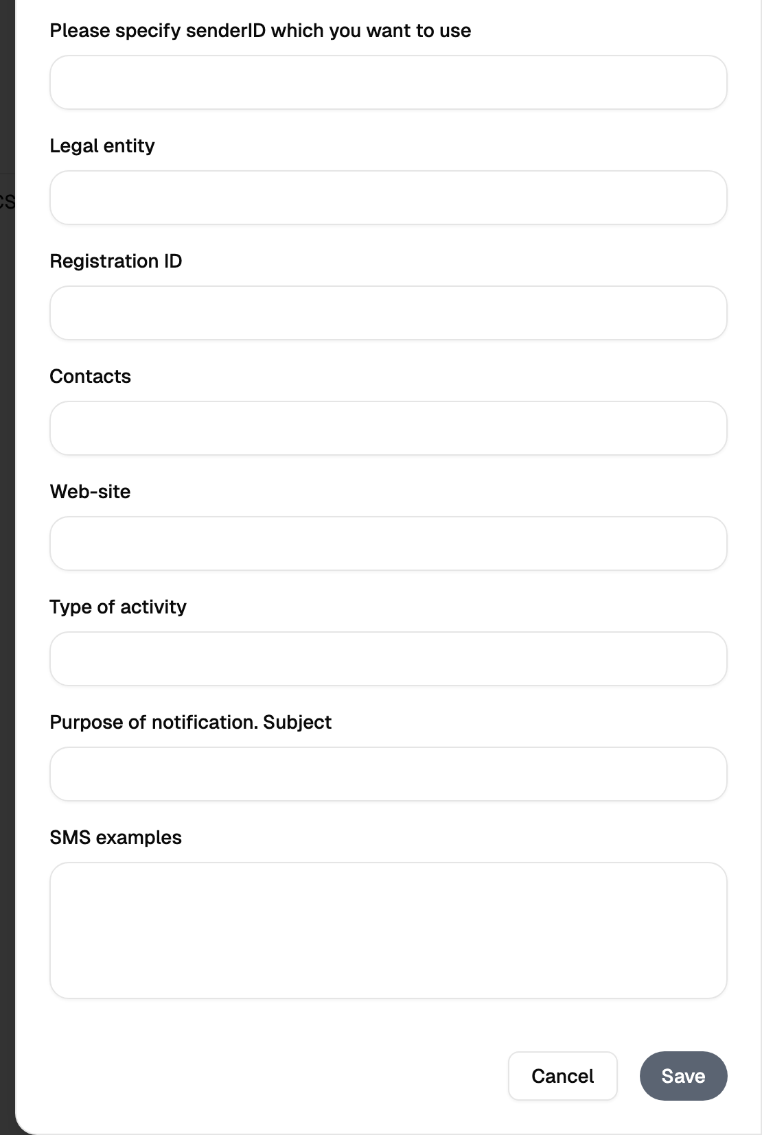 Sender registration form
